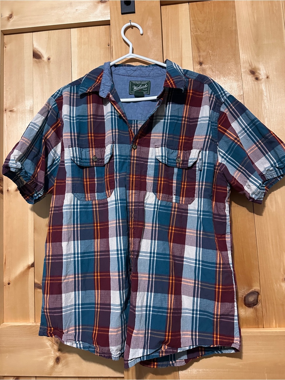 Woolrich Men's Short Sleeve Plaid Button-Down Shirt - Teal & Maroon